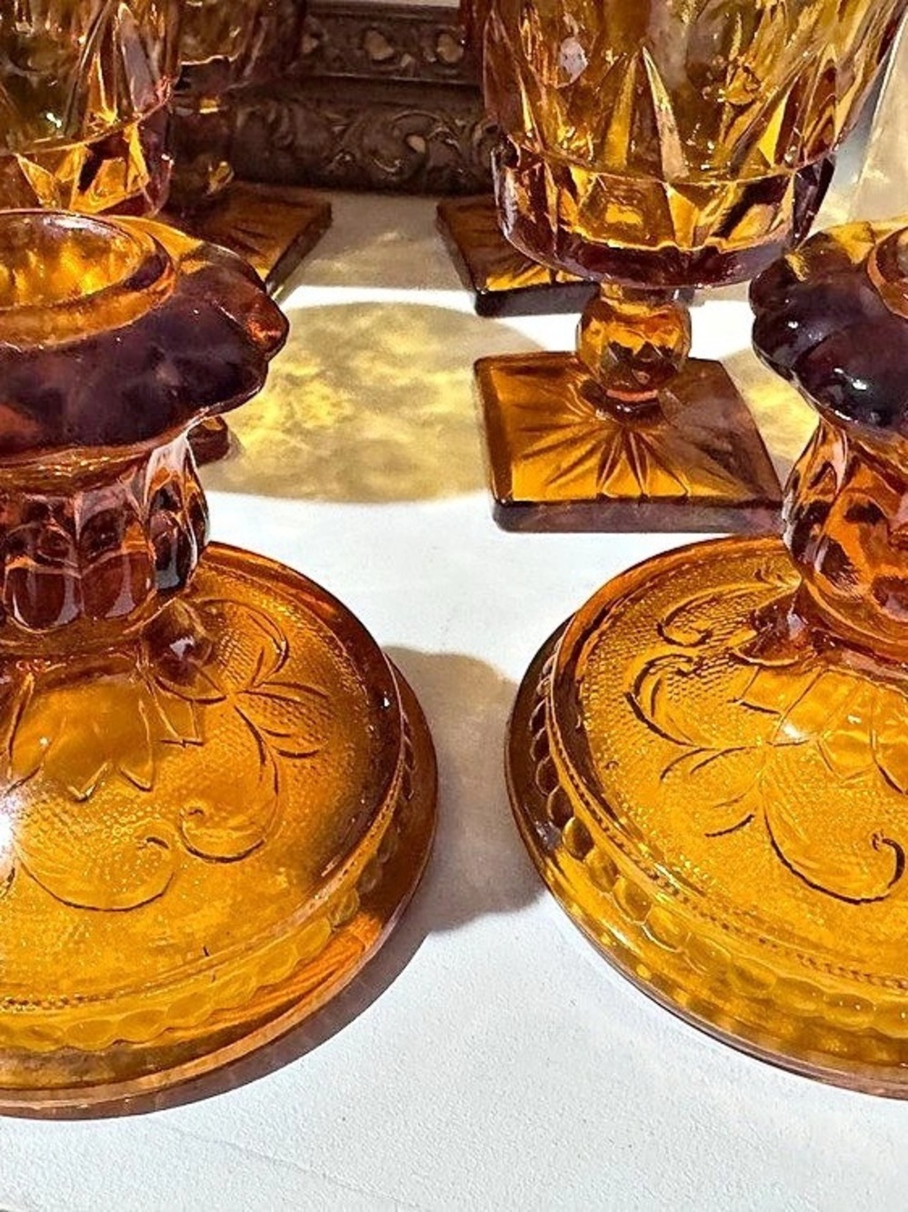Set of 2 Indiana Glass Tiara Amber Sandwich Taper Candle Holder Taper Candle Hol